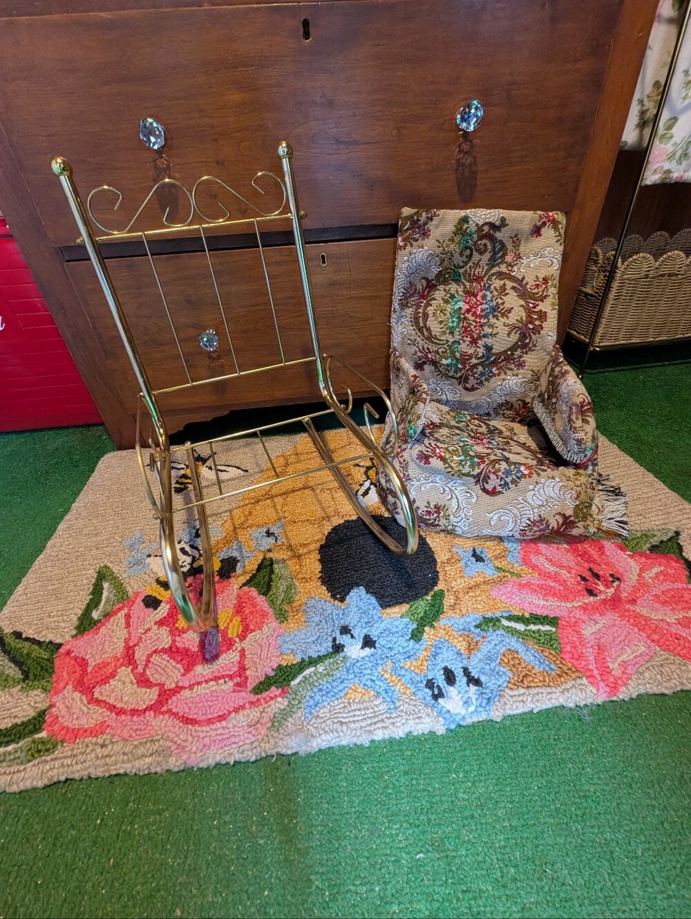 Vintage Brass Metal Small Doll Rocking Chair Brass Rocking Chair & Slipcover